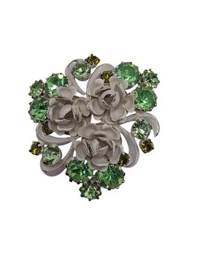 Vintage White Enamel Flower Brooch Green Rhinestone Rose Floral Cluster Pin